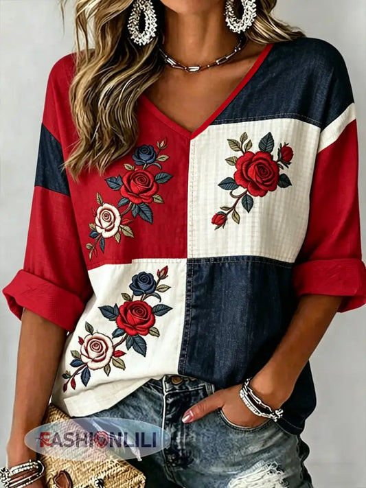 Women’s Floral Print Mid-length Sleeves V-Neck T-Shirt - As picture / S