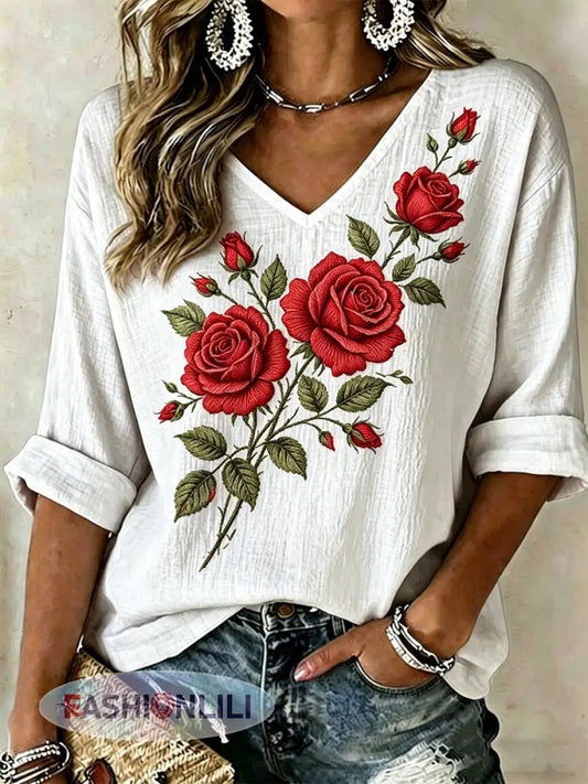 Women’s Floral Print Mid-length Sleeves V-Neck T-Shirt - Red / S
