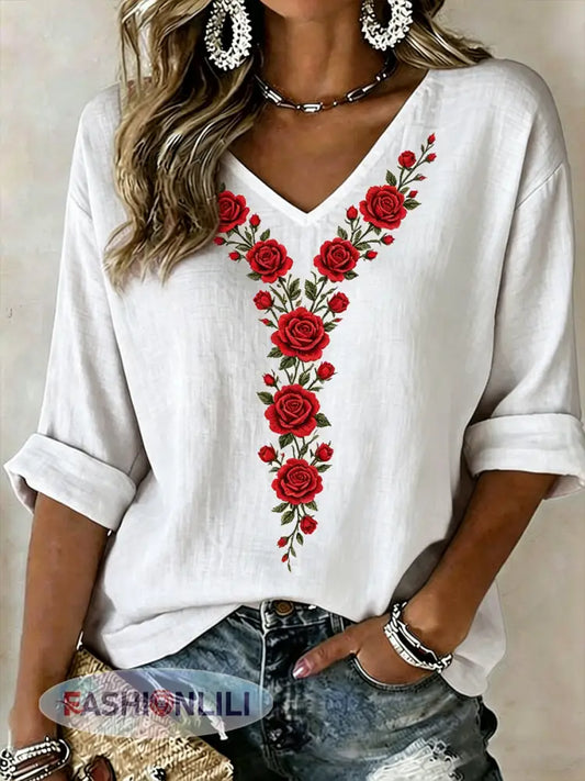 Women’s Floral Print Mid-length Sleeves V-Neck T-Shirt - Red / S