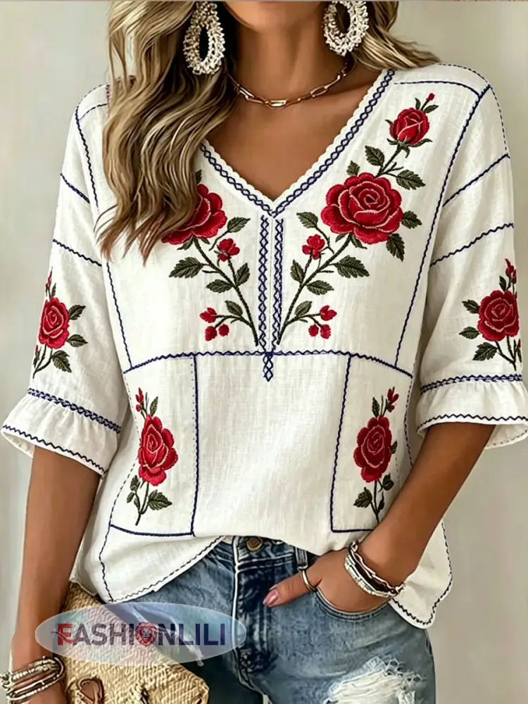 Women’s Floral Print V-Neck Shirt - A / S