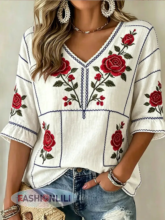 Women’s Floral Print V-Neck Shirt - A / S