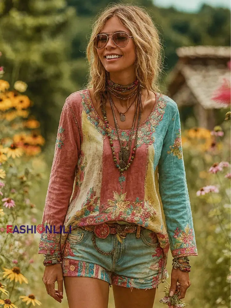 Women’s flowers Printed Tops As picture / S