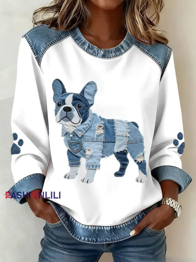 Women’s French Bulldog Pattern Denim Patchwork Art Sweatshirt White / S
