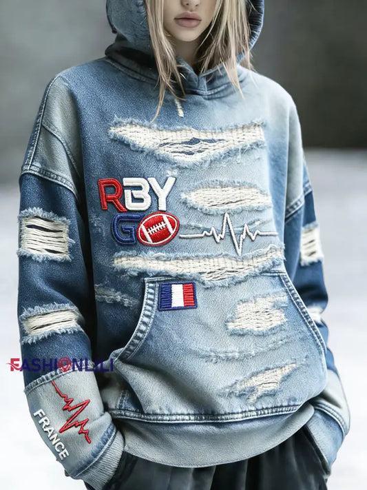 Women’s French Rugby Print Denim Distressed Print Casual Hooded Sweatshirt Blue / S