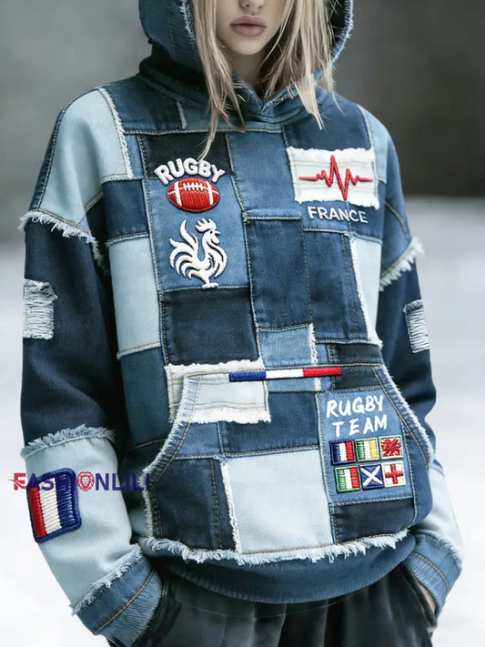 Women’s French Rugby Print Denim Patchwork Casual Hooded Sweatshirt Blue / S