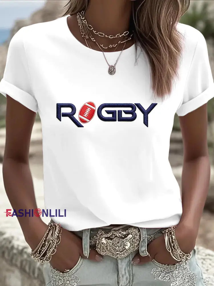 Women’s French Rugby Print Minimalist White T-Shirt White / S