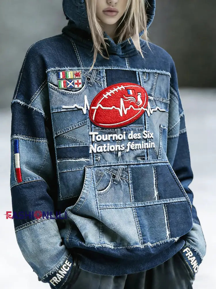 Women’s French Rugby Six Nations Print Denim-Effect Hooded Sweatshirt Blue / S