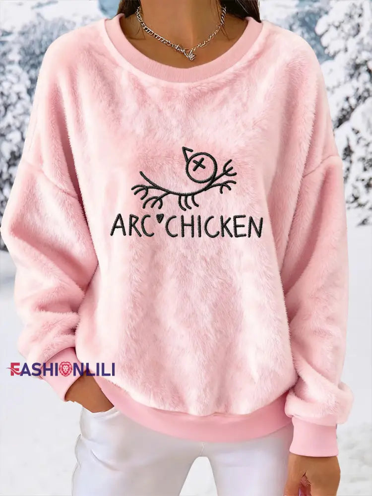 Women’s Funny Arc’chicken Plush Hoodie Pink / S