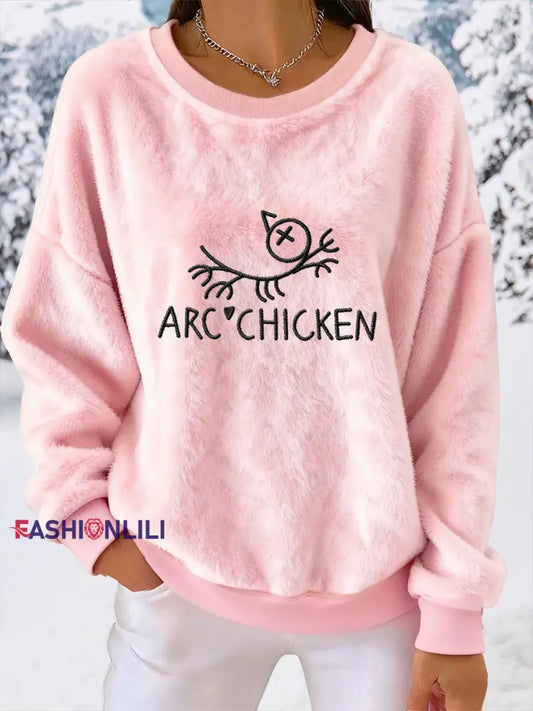 Women’s Funny Arc’chicken Plush Hoodie Pink / S