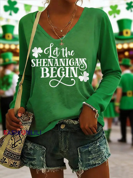 Women’s Funny St. Patrick’s Day Let The Shenanigans Begin Shamrock Print Casual Long-Sleeve V-Neck T-Shirt Green / S