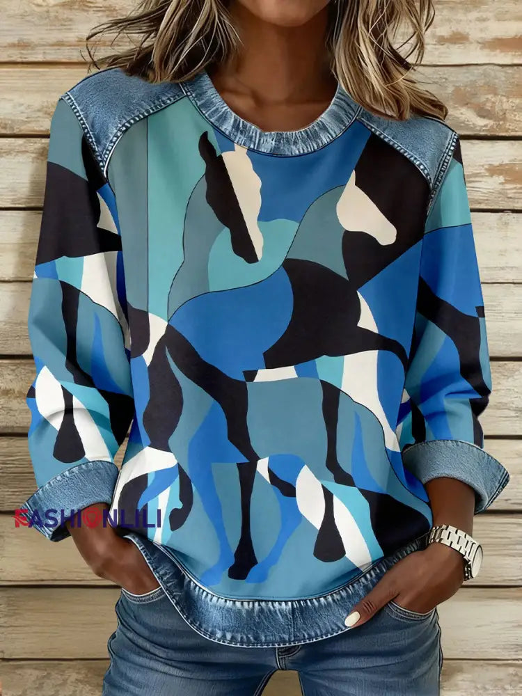 Women’s Geometric Horses Art Print Sweatshirts As picture / S