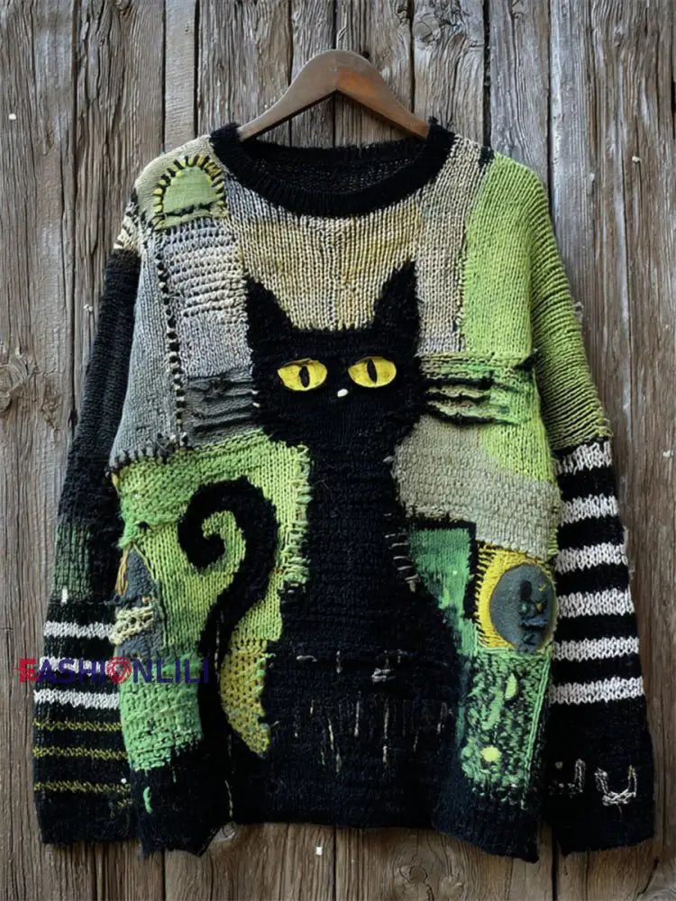 Women’s Halloween Black Cat Knitted Sweater As picture / S