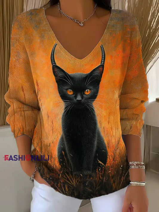 Women’s Halloween Black Cat Print Casual Long-Sleeve Top Pumpkin Orange / S