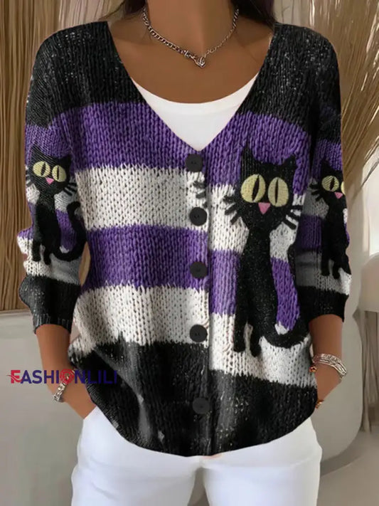 Women’s Halloween Cat Print Casual Cardigan As picture / S