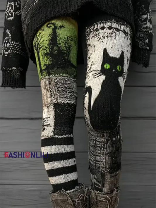 Women’s Halloween Cat Print Casual Leggings As picture / S