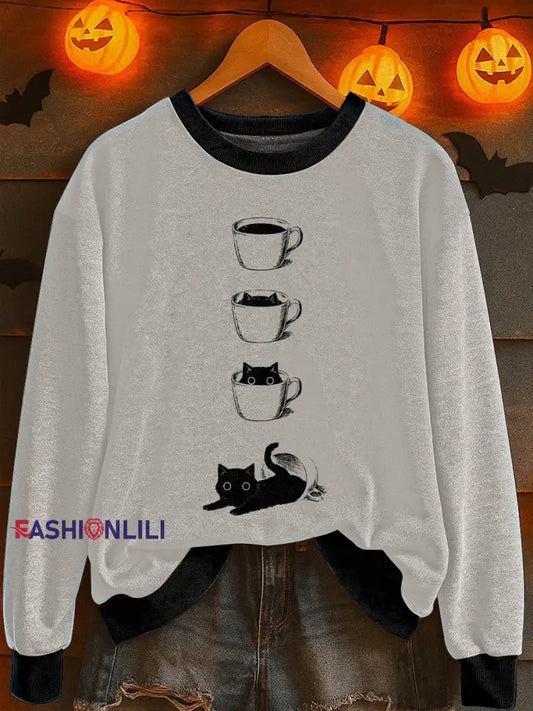 Women’s Halloween Cat Print Sweatshirt As picture / S