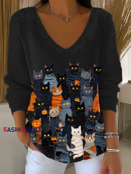 Women’s Halloween Cat Sweater Black / S