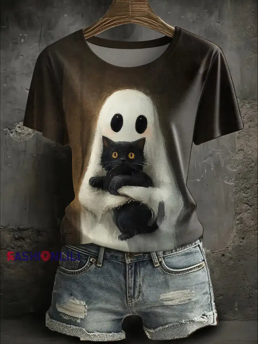 Women’s Halloween Cute Boo Printed T-shirt As picture / S