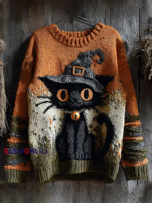 Women’s Halloween Cute Witch Cats Art Crew Neck Sweater As picture / S