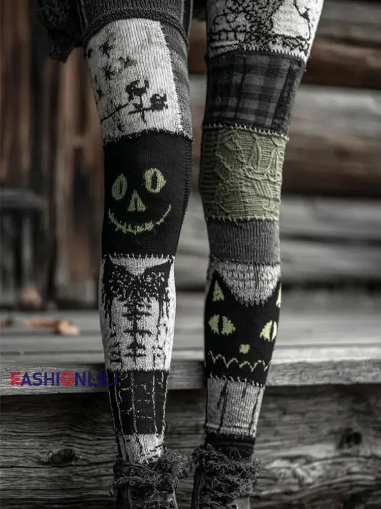 Women’s Halloween Patchwork Print Leggings Dark Grey / S