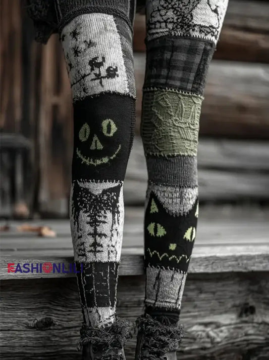 Women’s Halloween Patchwork Print Leggings Dark Grey / S