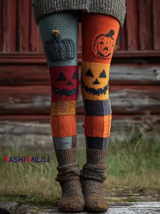 Women’s Halloween Patchwork Print Leggings Pumpkin Orange / S