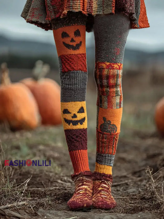 Women’s Halloween Pumpkin Face Print Leggings Pumpkin Orange / S