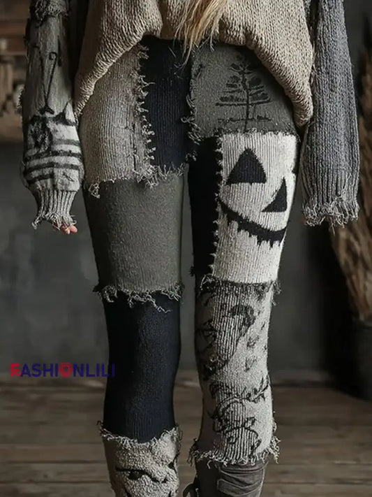 Women’s Halloween Spooky Face Stitched Print leggings Dark Grey / S