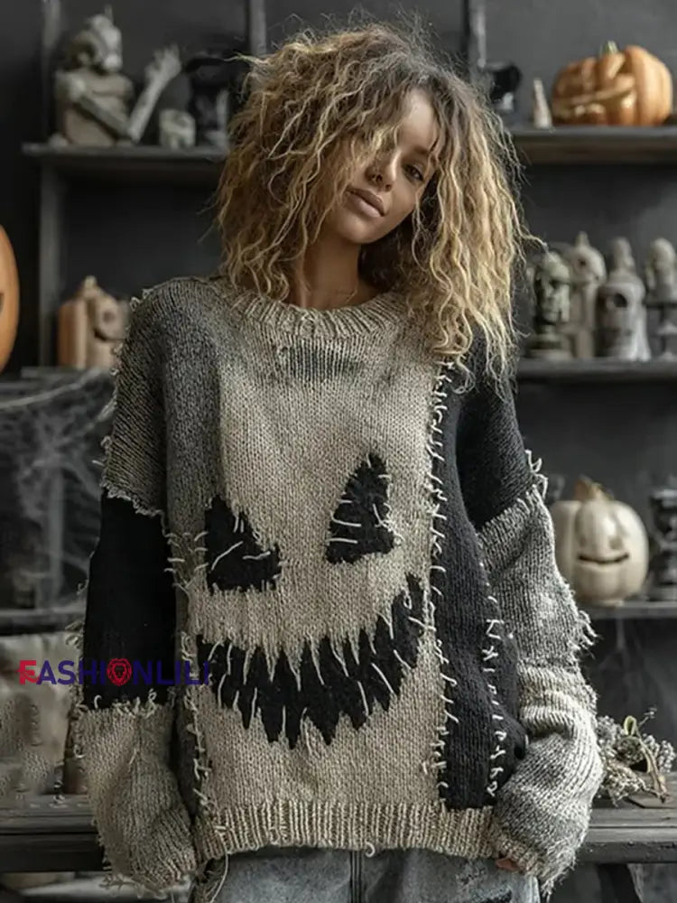 Women’s Halloween Spooky Face Stitched Print Sweater Dark Grey / S