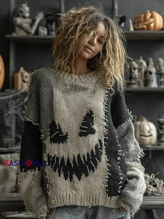 Women’s Halloween Spooky Face Stitched Print Sweater Dark Grey / S