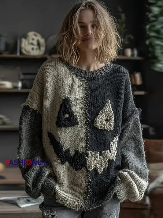 Women’s Halloween Spooky Face Stitched Print Sweater Dark Grey / S