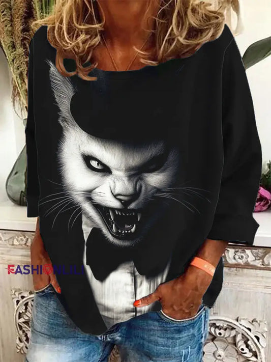 Women’s Halloween Vampire Black Cat Loose-fitting Sweatshirt Black / S