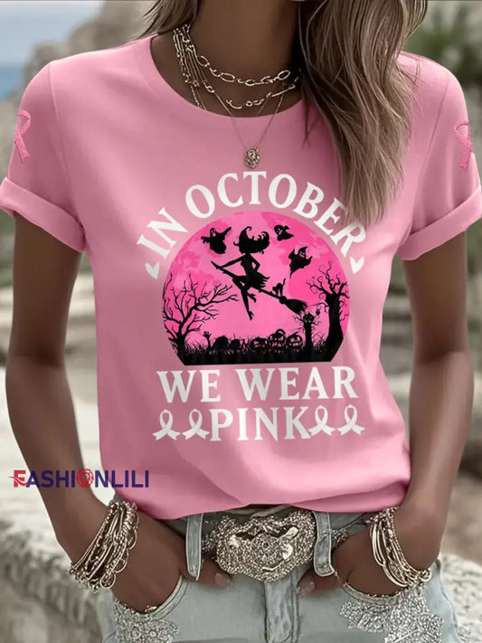 Women’s Halloween Witch In October We Wear Pink Breast Cancer Awareness Tee Pink / S