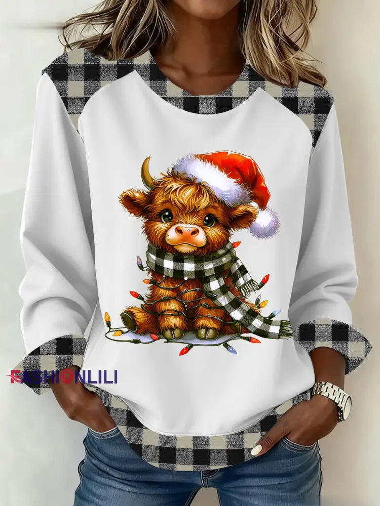 Women’s Highland Cow Art Print Casual Top White / S