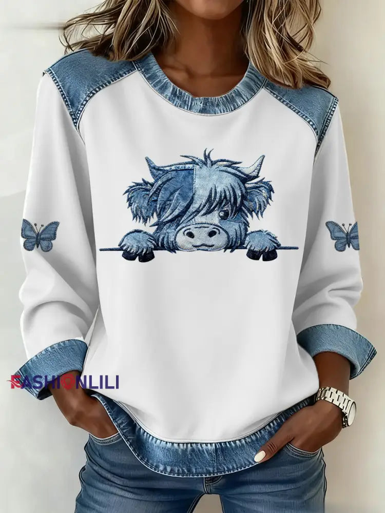 Women’s Highland Cow Art Print Casual Top White / S