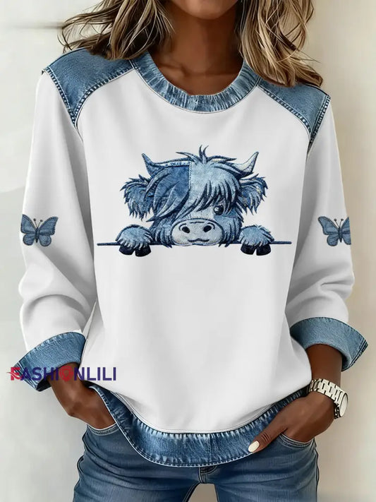 Women’s Highland Cow Art Print Casual Top White / S