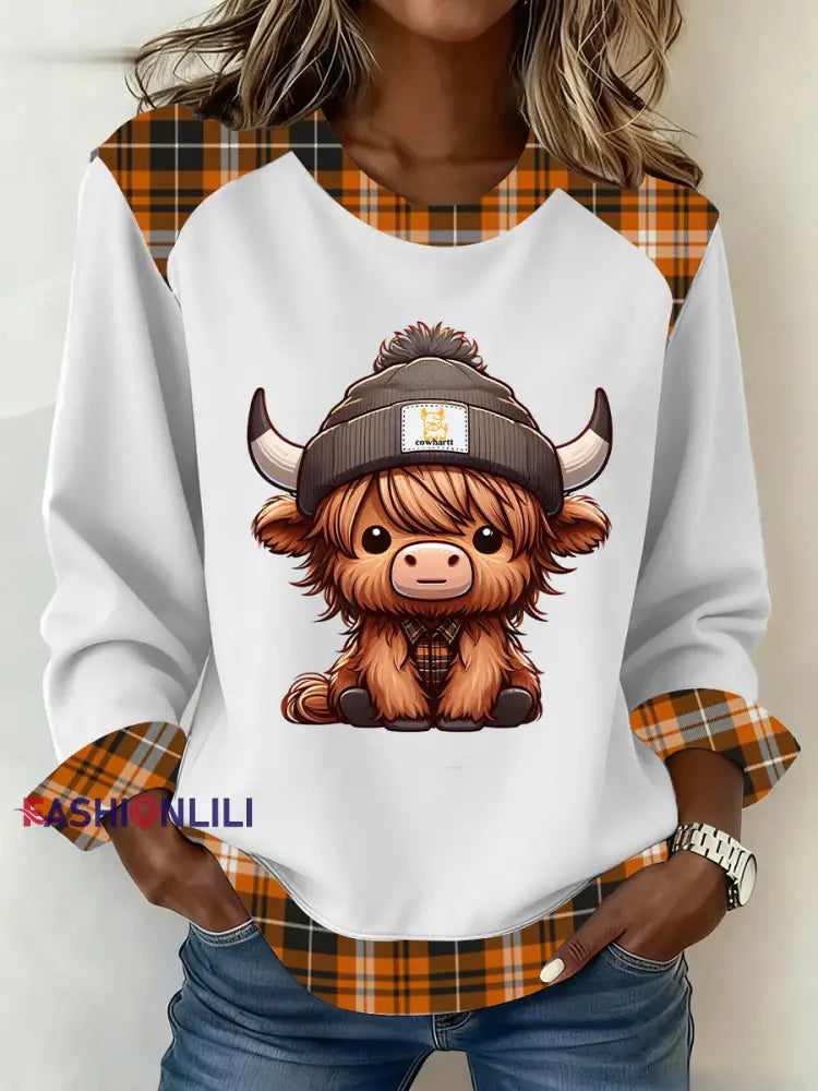 Women’s Highland Cow Art Print Casual Top White / S
