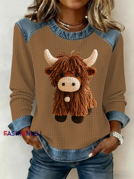 Women‘s Highland Cow Print Denim Patchwork Top Brown / S