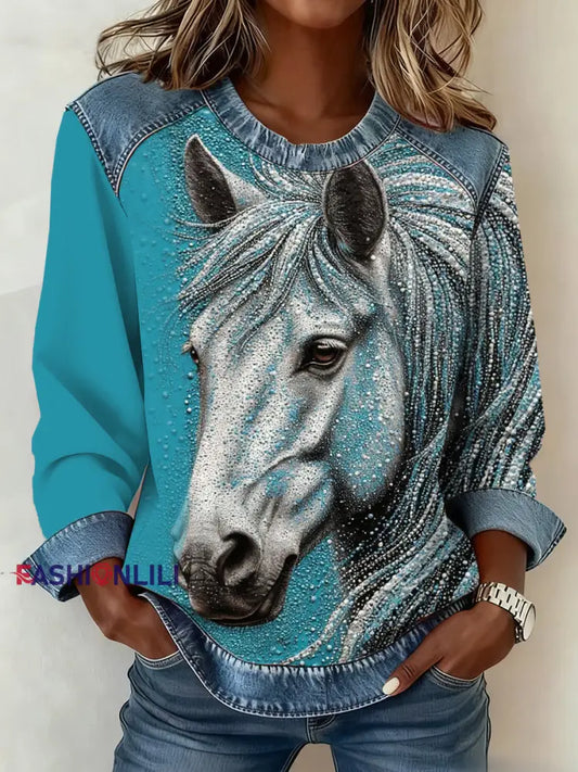 Women’s Horse Print Denim Patchwork Top As picture / S
