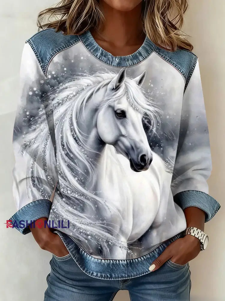 Women’s Horse Print Denim Patchwork Top As picture / S