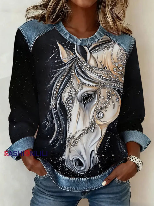 Women’s Horse Print Denim Patchwork Top As picture / S