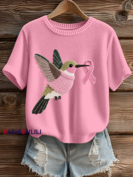 Women’s Hummingbird Pattern Felt Art Cozy Knit Top Pink / S