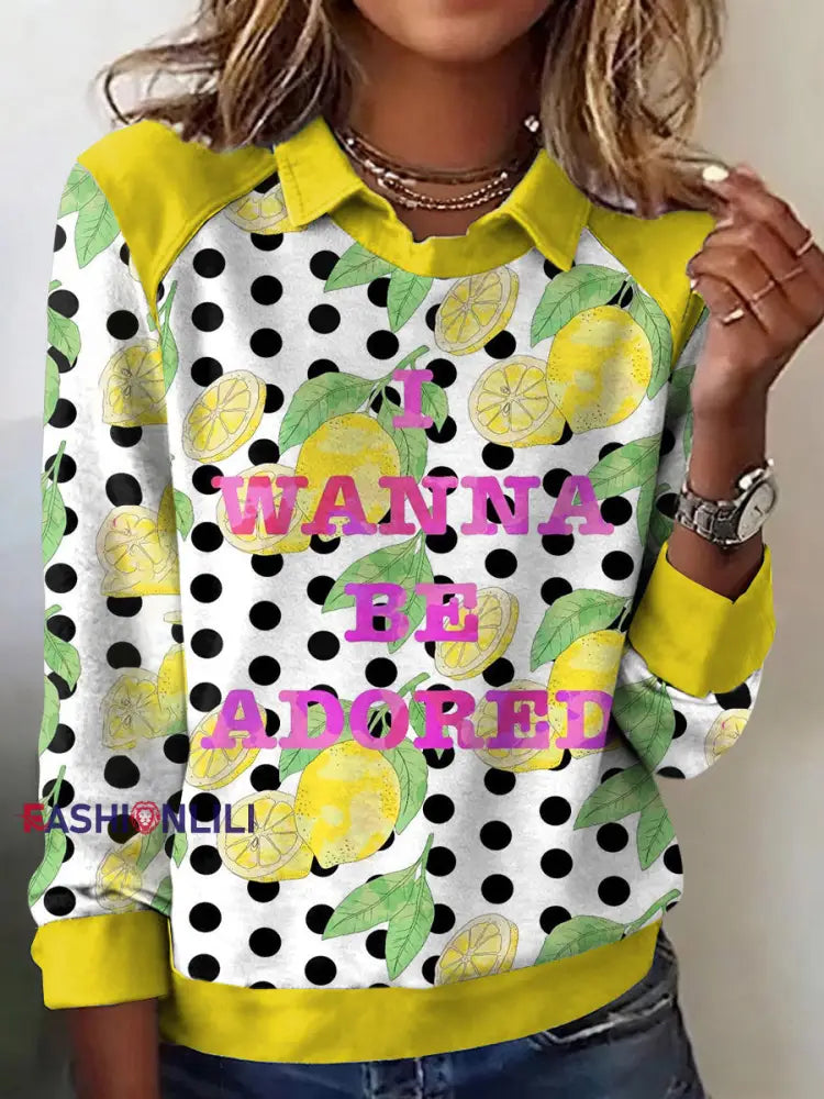 Women’s I Wanna Be Adored Lemon Roses Music Lover Printed Casual Tops Yellow / S
