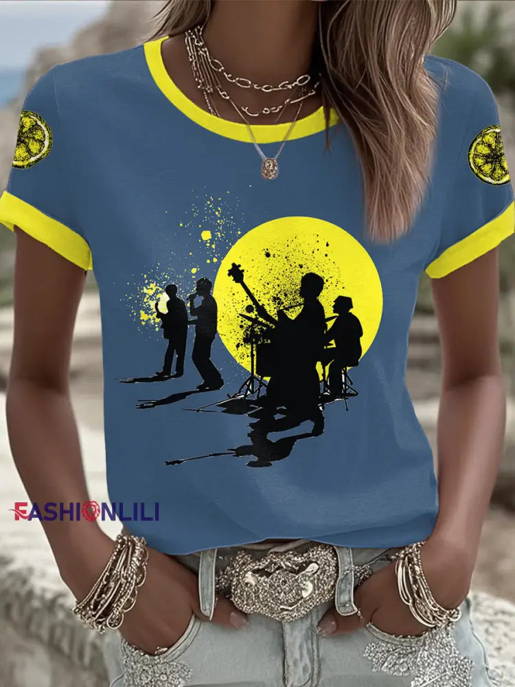 Women’s I Wanna Be Adored Lemon Roses Music Lover Printed T-shirt Blue / S