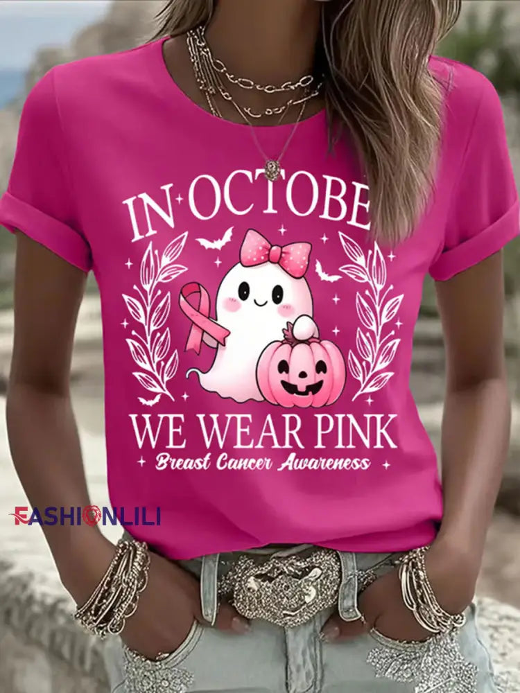 Women’s In October We Wear Pink Ghost Print Casual T shirt Rose Red / S