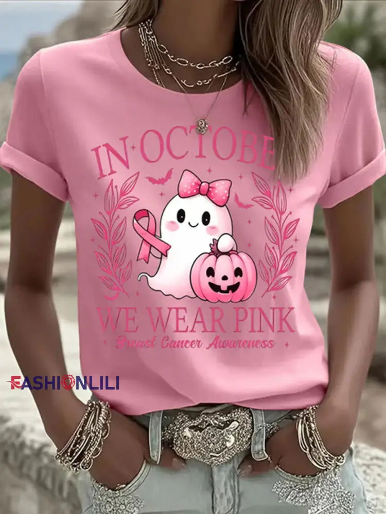 Women’s In October We Wear Pink Ghost Print Casual T shirt Pink / S