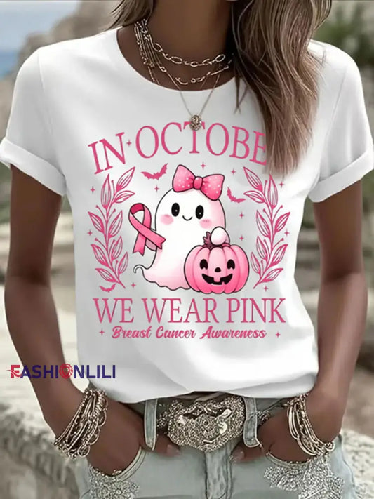 Women’s In October We Wear Pink Ghost Print Casual T shirt White / S