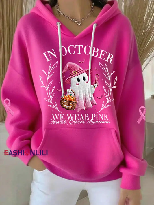 Women’s In October We Wear Pink Halloween Pink Ghost Breast Cancer Awareness Support Hoodie Rose Red / S