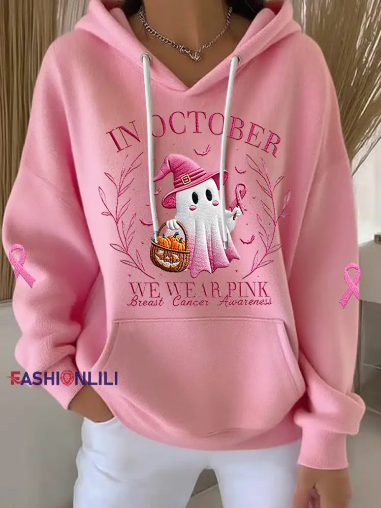 Women’s In October We Wear Pink Halloween Pink Ghost Breast Cancer Awareness Support Hoodie Pink / S