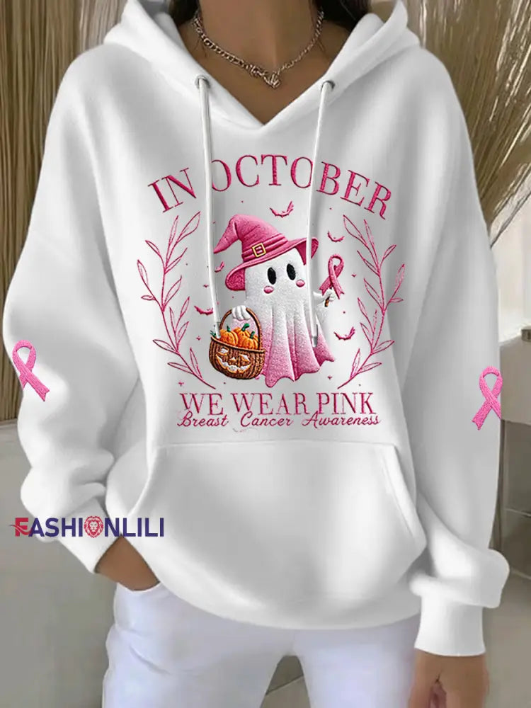 Women’s In October We Wear Pink Halloween Pink Ghost Breast Cancer Awareness Support Hoodie White / S